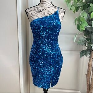 Crystal Sky One Shoulder Strappy Sequin Cocktail Dress Blue Sz S